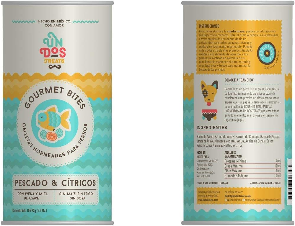 Un dos Treats Premios Para Perro Gourmet Bites Galletas Horneadas Pescado y Citricos 155.97 Gr - Petopia