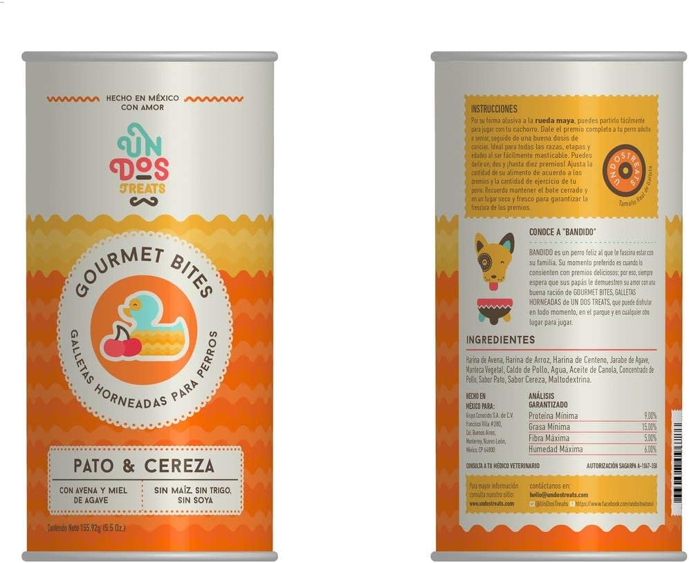 Un dos Treats Premios Para Perro Gourmet Bites Galletas Horneadas Pato y Cereza 156 G - Petopia