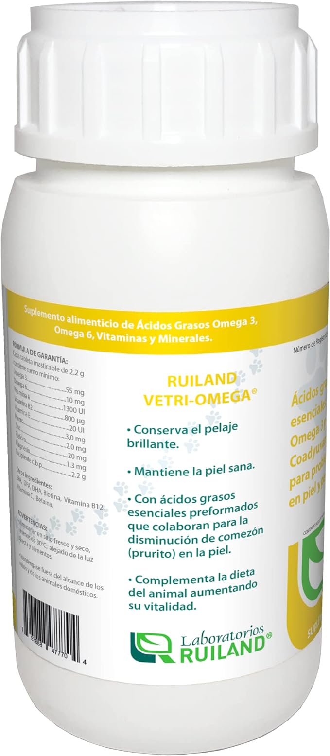 Ruiland Omega - Suplemento Alimenticio para Perros, Piel y Pelo, Contiene ácidos Grasos Esenciales, Omega 3 y 6, 60 Tabletas Masticables