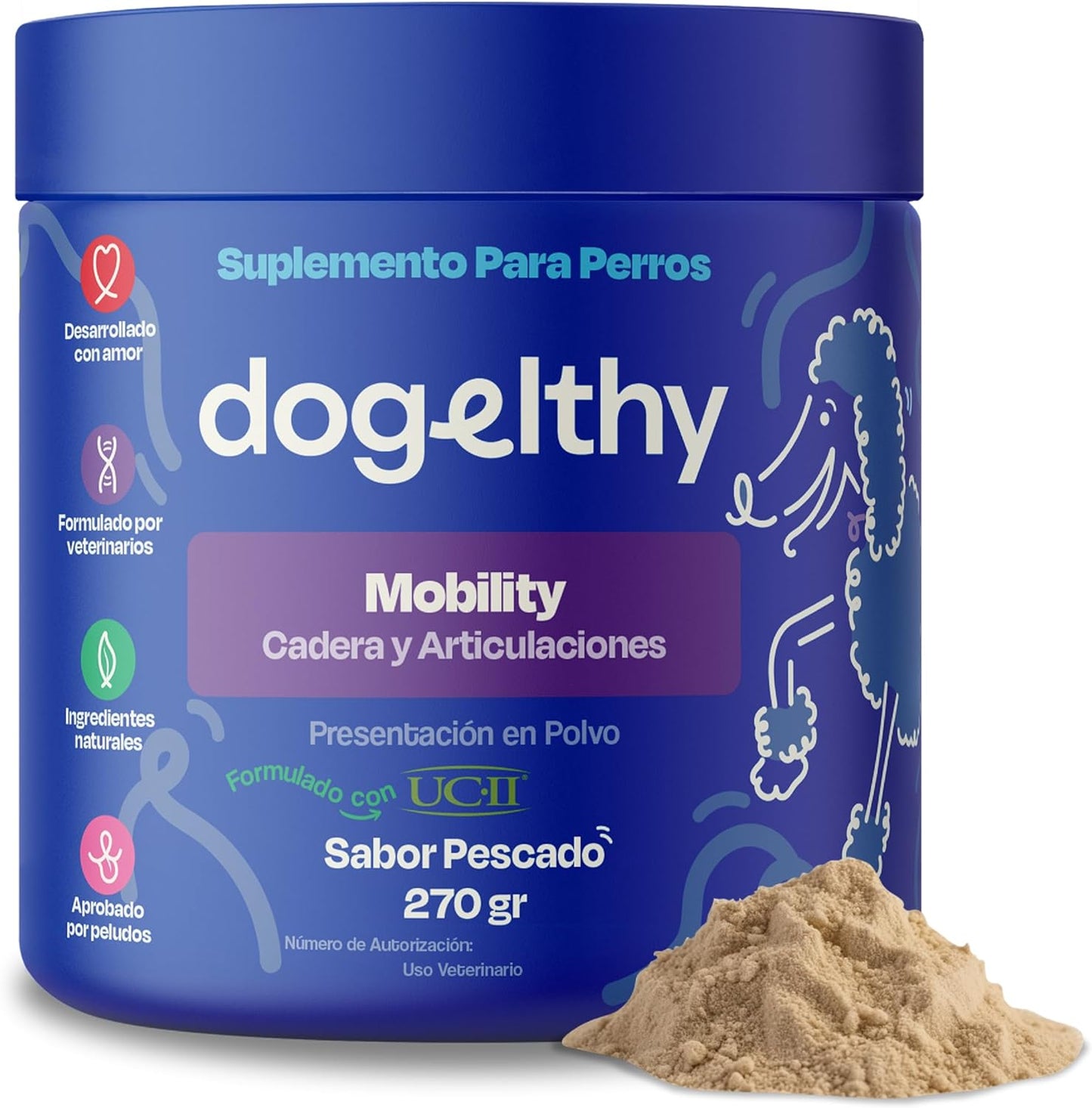 Dogelthy Mobility, Suplemento Sabor a Pescado para Perros Auxiliar en Articulaciones y Huesos 270 gr