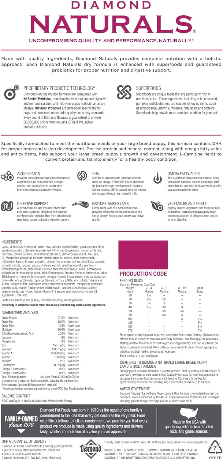 DIAMOND NATURALS-LARGE BREED PUPPY (LAMB) 27/15 9.07 Kg