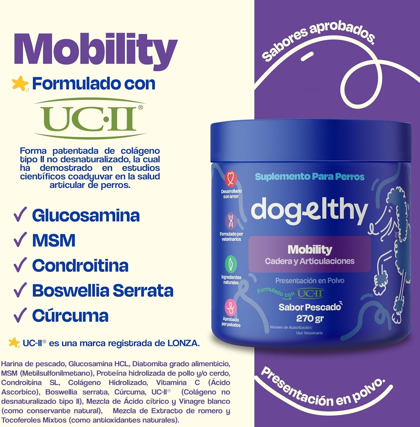 Dogelthy Mobility, Suplemento Sabor a Pescado para Perros Auxiliar en Articulaciones y Huesos 270 gr