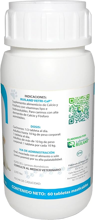 Ruiland Ca-P - Suplemento Alimenticio para Perros, Mantenimiento del Metabolismo Óseo, Regulador de Energía, Deficiencia de Calcio y Fósforo, Ingredientes Naturales, 60 tabletas masticables