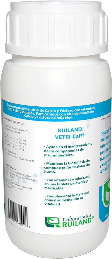 Ruiland Ca-P - Suplemento Alimenticio para Perros, Mantenimiento del Metabolismo Óseo, Regulador de Energía, Deficiencia de Calcio y Fósforo, Ingredientes Naturales, 60 tabletas masticables
