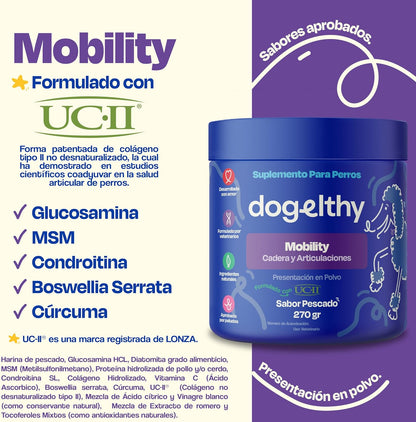 Dogelthy Mobility, Suplemento Sabor a Pescado para Perros Auxiliar en Articulaciones y Huesos 270 gr