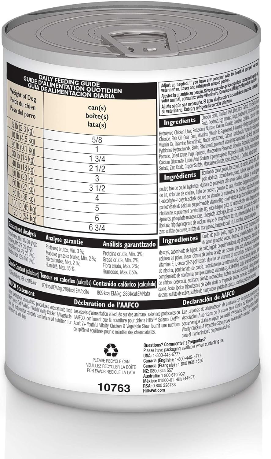 Hill's Science Diet, Adult 7+ Vitalidad Juvenil, Alimento en lata para Perros Adultos Mayores, Estofado de Pollo y Vegetales, (lata de 354 gr)